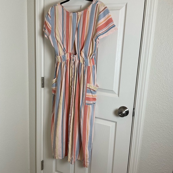 ANA Striped Open Back Dress Women's M Retro Pockets Linen Blend - Picture 10 of 13